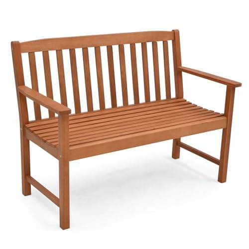 Image of COSTWAY 2-Person Garden Bench, All-Weather Eucalyptus Wood Patio Loveseat Park Bench Chair with Armrests, Outdoor Furniture Leisure Porch Seating for Balcony, Deck and Poolside, 360kg Load Capacity
