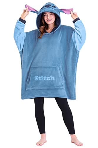 Image of Disney Fleece Hoodie for Adults and Teenagers Oversized Hooded Poncho One Size - Stitch Gifts (Blue Stitch)