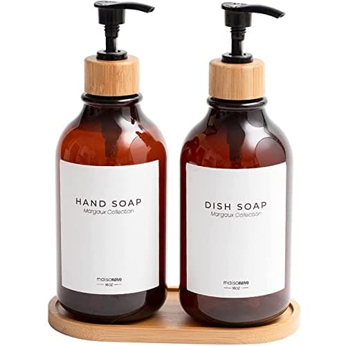 Image of MIXMIO 2 Pack Soap Dispenser Set - 500ml Shampoo Dispenser - Pump Bottle Dispenser for Bathroom and Kitchen Includes Bamboo Pump, Tray and 4 Waterproof Labels - Brown