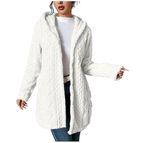 Image of White Ladies Fleece Cardigan - Chunky Cable Textured, Teddy Fleece Button Down Jackets, Cozy Solid Color Hooded Sweatshirts, Winter Oversized Soft Lounge Coat for Women UK L