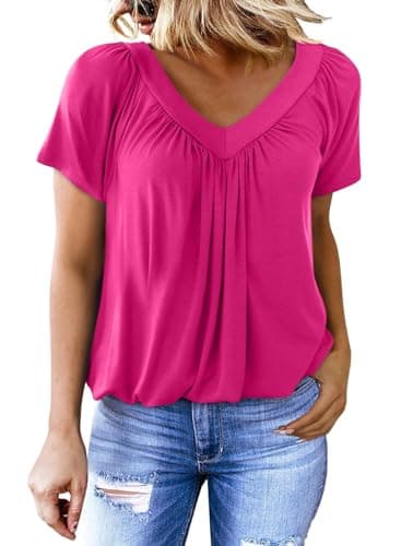 Image of Dokotoo Ladies Tops Summer Short Sleeve V Neck Women's T-Shirts Loose Fit Women Tee Shirts Casual Solid Color Oversized Womens Blouses Top Rose Pink M