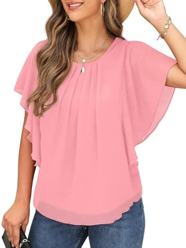 Image of QIXING Womens Summer Blouses Casual Ruffle Sleeve Loose Round Neck Chiffon Flowy Ladies Tops Tunic for Women UK (Pink, XXL)