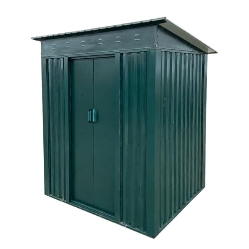 Image of Garden Storage Shed Metal 6 x 4 FT Outdoor with Base Vents Lockable Sliding Doors Sloped Pent Roof for Patio Backyard Bike Tool All-Weather (Green)