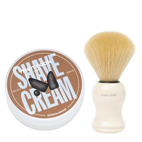 Image of Men Rock Shave Cream & Shaving Brush Bundle – Sandalwood Hydrating Shave Cream with Spicy Black Pepper & Vegan Synthetic Shave Brush, Classic Wet Shaving Set, Cruelty Free, 100 ml