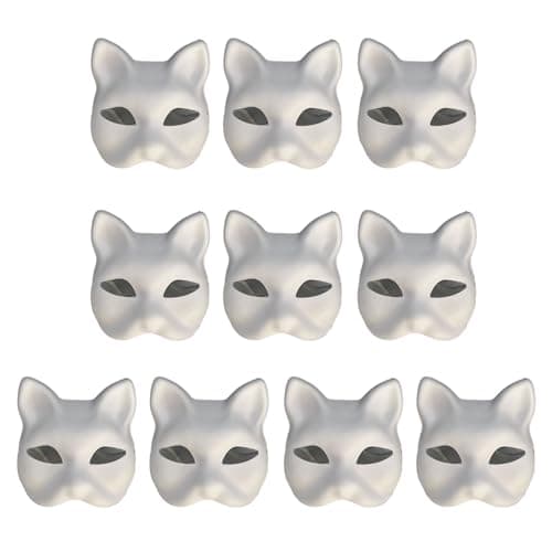 Image of Yamoloz 10 PCS DIY White Paper Mask Cat Face Mask Pulp Blank Hand Painted Mask Masquerade Masks Halloween Party Masks for Men and Women