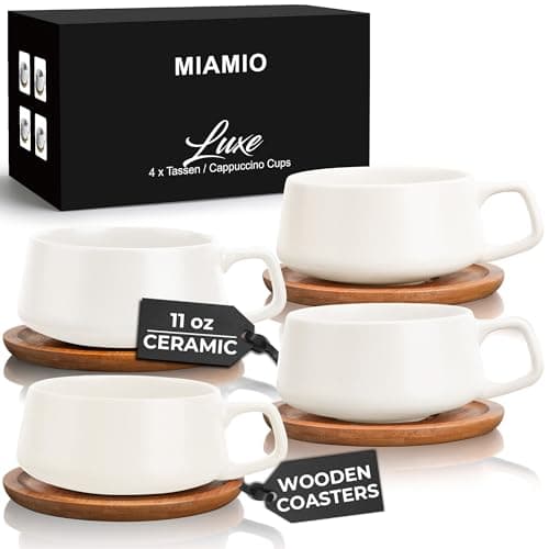 Image of MIAMIO – 320 ml, Set of 4 Ceramic Tea Cup and Saucer Bamboo/Tea Mug - Wide Cappuccino Cup, Coffee Cups Ceramic Mug for Cappuccino, Latte, Espresso & Americano - Luxe Collection (White)