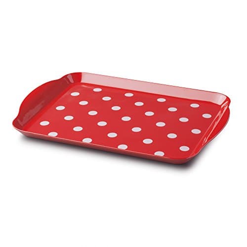 Image of Zeal Melamine Food Serving Tray with Handles and Lipped Edges, Dotty Polka Dot Serving Lap Tray 30 x 21cm, Red