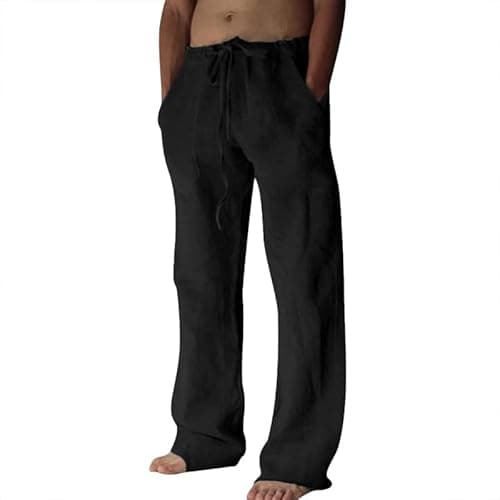 Image of Litthing Men Linen Trousers Cotton Jogging Bottoms Casual Summer Pants with Pockets Loose Fit Drawstring Elastic Waist Trouser Comfortable Lightweight Black