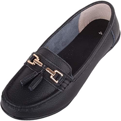 Image of ABSOLUTE FOOTWEAR Womens Slip On Casual Wide Fit Leather Loafer Deck Boat Shoes with Tassel Detail - Black - UK 6 / EU 39