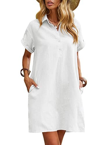Image of Zeagoo Womens Summer Dresses Casual Short Sleeve Midi Cotton Linen Beach Dress with Pockets White L