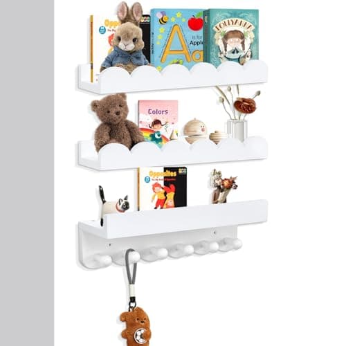 Image of Rainmae Wall Book Shelves for Bedroom Kids with Hooks 40cm Scalloped Shelves for Nursery Set of 3, Nursery Bookshelf for Wall Room Decor