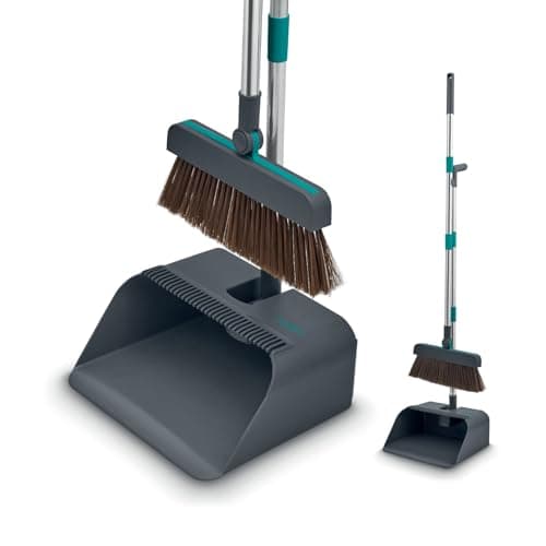 Image of Tower 3 in 1 Dustpan and Brush with Squeegee, Upright Design, Magnetic Clip & Comb Teeth, Anthracite & Teal, T769016TL