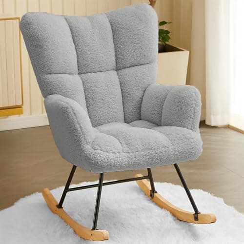 Image of Hawthyhome Rocking chair,Lambswool with High Backrest Armrest,Upholstered up to 136 kg load-bearing Comfy Stabilise Rocking Chair for Livingroom Bedroom Balcony Gray