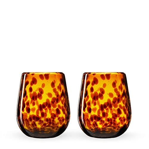 Image of Segunda Vida Tortuga Tortoise Shell colored Stemless Wine Glasses Set - Hand Blown Colorful Wine Glasses - Amber 100% Recycled Glassware Made in Mexico, 13oz, Set of 2