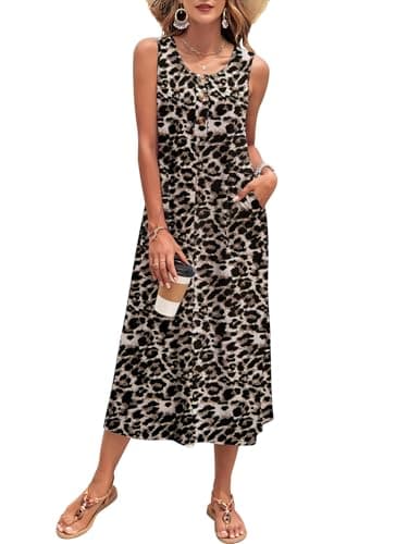 Image of PLOKNRD Women's Summer Maxi Dress 2026 Sleeveless Button Down Casual Loose Beach Sundress Travel Vacation Outfits(Brown Leopard,2XL)