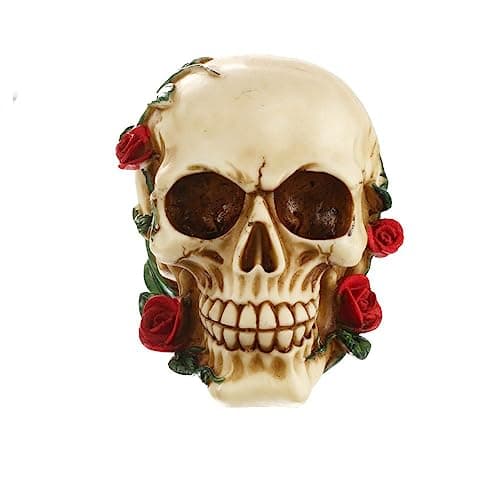 Image of PEIQICHU Skull Bone Realistic Rose Flower Head Sculptures Aged Model for Gothic Halloween Party Decoration Mexican Day of the Dead Props Desk Ornament Resin Skeleton Décor Figurine
