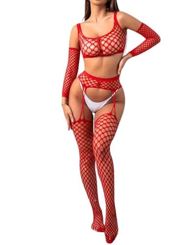 Image of ROSVAJFY Women’s Fishnet Lingerie Set Mesh Lace Top and Garter Belt with Mesh Stockings Sexy Hollow-Out Sleepwear Evening Wear Boudoir Outfit (Red, One Size)