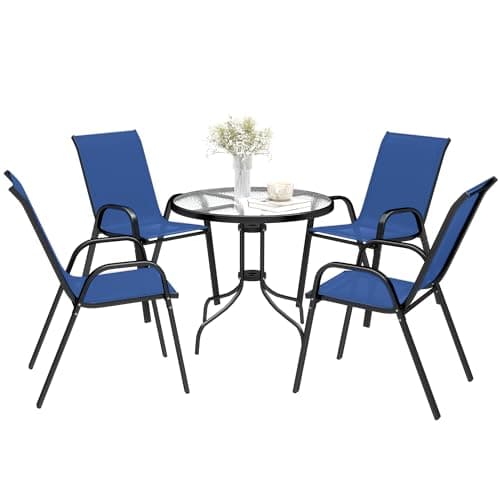 Image of Outsunny 5 Pieces Garden Dining Set, 4 Seater Garden Furniture with High Back Stackable Chairs and Round Glass Top Table, Outdoor Bistro Set with Parasol Hole for Patio, Dark Blue