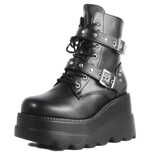 Image of Gothniero Platform Boots Goth Black Chunky Heel Ankle Booties for Women Combat Motorcycle Boots with Side Zip Lace Up Size 3UK-8UK