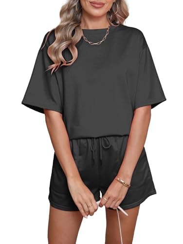 Image of Famulily Women Short Sleeve Tracksuit Set Cotton Crew Neck Top and Comfy Shorts Leisure Suit with 2 Pockets Black L