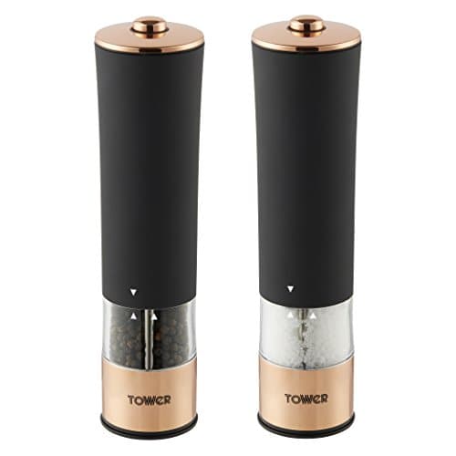 Image of Tower Electric Salt and Pepper Mill, Stainless Steel, Soft-Touch Body, Rose Gold and Black, T847003RB