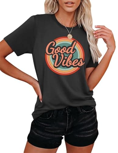Image of hohololo Women Vintage T-Shirt Rainbow Graphic Print Tee Shirts Summer Short Sleeve Tops (Grey-a,L)