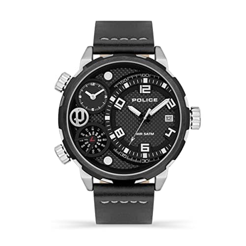 Image of Police Ray Mens Chronograph Watch with Black Dial and Black Leather Strap, 51mm Stainless Steel Case in Branded Watch Box PEWJB2195341-2 Year Warranty