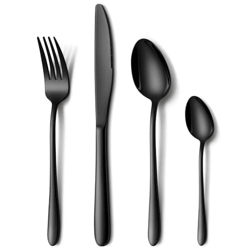 Image of Black Cutlery Sets, NINIROR 16 Piece Food-Grade Stainless Steel Flatware Silverware Set for 4 People Include Spoon Knife and Fork Sets Mirror Polished Dishwasher Safe for Home Kitchen Restaurant