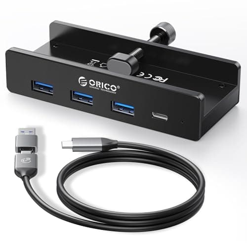 Image of ORICO USB Hub, Aluminum USB 3.0 Hub Clip with 5V Power Supply Connection, 5Gbps 4 port USB Distributor with 3 USB-A 3.0 and 1 USB-C 3.0, 3.3Ft Cable (C to A/C), for Monitors Black