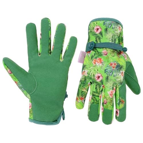 Image of HANDLANDY Women Gardening Gloves, Leather Safety Work Gloves Breathable Ladies Garden Yard Gloves, Best Gift for Gardeners (Green-Floral Print, S)