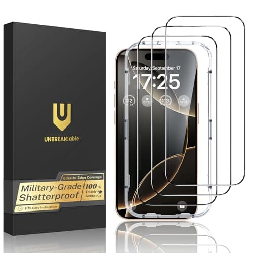 Image of UNBREAKcable 3-Pack for iPhone 16 Pro Screen Protector, HD Tempered Glass Screen Protector Full Coverage, Anti-Scratch, 9H Hardness, Military Grade Protection, 99.99% HD, Sensitive Touch- 6.3 Inch