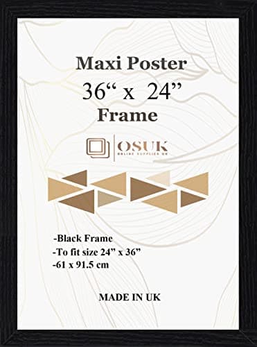 Image of OSUK Black Maxi Poster Frame 61 x 91.5cm - Large Photo Frame 36 x 24 Inch - 91.5 x 61cm Poster Frames With Clear Perspex Front & Wall Mounting Hooks - Black 24" x 36" Picture Frame