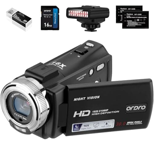 Image of ORDRO Video Camera with IR Night Vision, 1080P Camcorder, 16X Digital Zoom Vlogging Camera with Night Vision Light, Video Recorder with Light and 2 Batteries, Remote Control