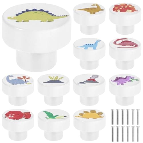 Image of 12Pcs White Wooden Drawer Knobs with Screws 35mm Dinosaur Pattern Round Dresser Knobs Decorative Wood Cabinets Handles Creative Drawer Pull Handle for Nursery Cabinet Closet