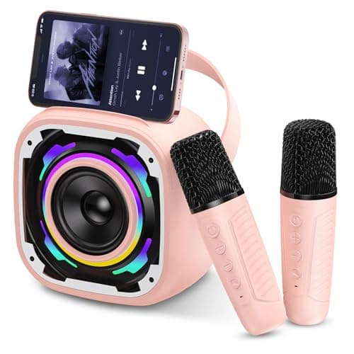 Image of PKBD Mini Karaoke Machine with 2 Microphones for Kids, Portable Bluetooth Speaker with Phone Holder/Dynamic Lights/Voice Effects, Gift for Girls and Boys, Pink
