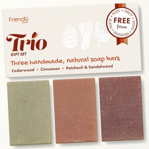 Image of Friendly Soap Natural Soap Bar 3 Pack - Handmade Cold Process Bars for Hand, Bath & Body - Moisturising, Suitable for Men & Women - 3 x 95g (Cedarwood, Cinnamon & Patchouli Sandalwood)