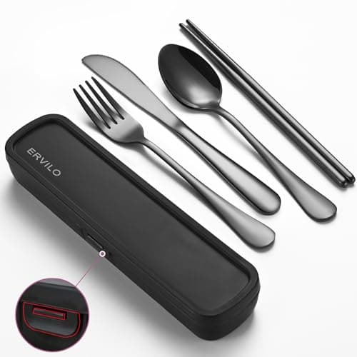 Image of Travel Cutlery Set with Case, Stainless Steel Camping Utensils, Reinforced Case with Snap-Lock Closure, Include Fork Spoon Knife Chopsticks, Portable Lunch Box Silverware for Picnic Office, Black
