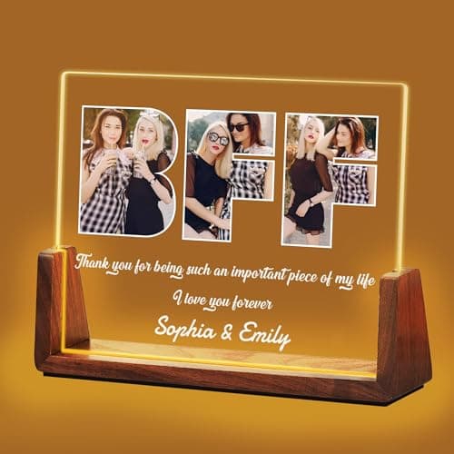 Image of Idiyfun Personalised Gifts for Best Friend Women, Customized Acrylic Plaque LED Walnut Photos Frame with Night Light, Christmas, Friendship, Birthday Gifts for Besties BFF Sister
