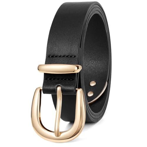Image of LEACOOLKEY Women Leather Belt for Jeans Pants Ladies Casual Waist Belt Fashion Belt with Gold Buckle 1.1in width,Black,Fit waist size 43"-49"
