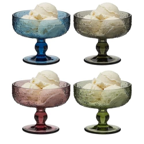 Image of Dibor Glass Bowl Set of 4 Embossed Footed Dessert Bowls Sundae Glasses Ice Cream Cups Dishwasher Safe Blue, Pink, Green & Grey Alfresco Dining Fathers Day Glassware Gift