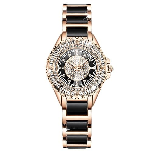 Image of RORIOS Ladies Full Diamond Watch Analogue Quartz Stainless Steel Watch Women’s Waterproof Luminous Wristwatch Elegant Square Diamond Watch Black