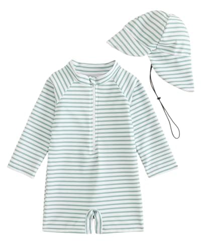 Image of Baby Swimsuit Boy Girl Rash Vest Set 0M-3T, Long Sleeve UPF 50+ Infant Swimming Costume with Hat, Zipper Toddler One Piece Rash Guard Swimwear, Green Stripe 1-2 Years