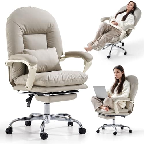 Image of EMIAH Office Chairs for Home, Ergonomic Office Chair with Footrest Comfy Desk Chair with Wheels Executive Mid-Back Criss Cross Chair for Home Work PU Leather,Beige