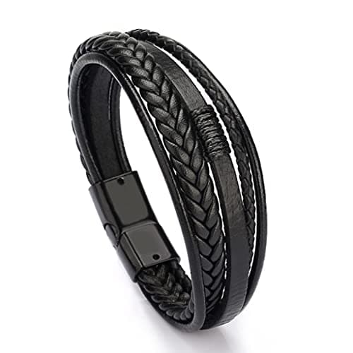 Image of Branets Mens Bracelet Cowhide Leather Genuine Unisex Cuff Wrap Bracelet Braided Multilayer Magnetic Clasp Rope Wristband Bracelet for Men and Women