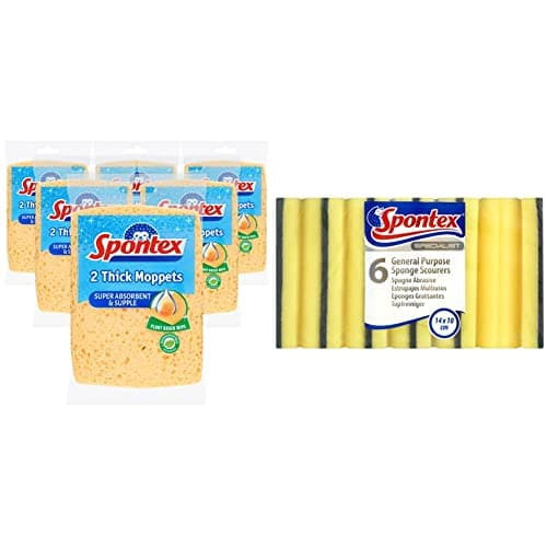 Image of Spontex Thick Moppets, 6 Packs of 2 (Total 12 Sponges) & Specialist General Purpose Sponge Scourer (Pack of 6)