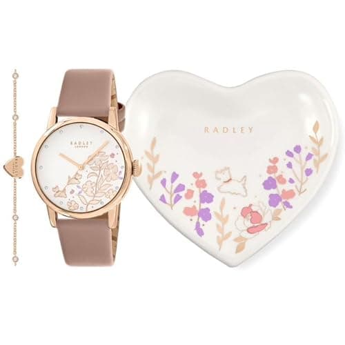 Image of RADLEY Womens Rose Gold Plated Pink Leather Watch, 18ct Rose Gold Plated Stone Charm Bracelet & Heart Ceramic Trinket Tray Gift Set