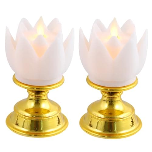 Image of BAZEITFLOW 2pcs LED Simulated Lotus Candle Lamps with Base Flameless Buddhist Lights for Home Meditation Prayer and Decorative Buddha Worship Flower Design