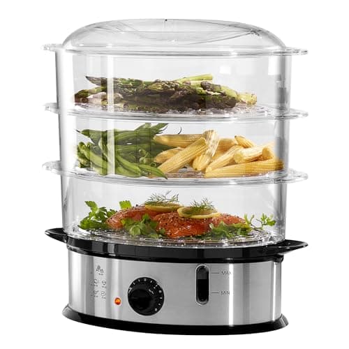 Image of Daewoo 3 Tier Food Steamer – 1200W Electric Steamer with Timer, Rice Bowl & 3 Stackable Baskets – Easy Clean, Ideal for Meat, Fish, Vegetables, and Rice – 30-Min Run Time