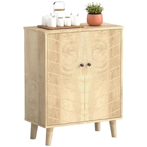 Image of HOMCOM Sideboard Cabinet, Modern Vintage Kitchen Storage Cabinet with 2 Chevron Doors and Pine Wood Legs for Living Room, Kitchen, Hallway, Natural Wood Finish
