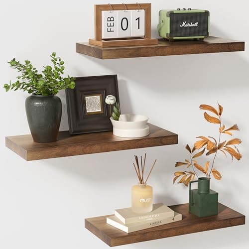 Image of fuqing Rustic Wood Floating Shelves Set of 3, Solid Wood Wall Mounted Shelves for Wall Decor & Storage, Dark Walnut Shelves for Living Room Bedroom Bathroom Kitchen - Dark Walnut